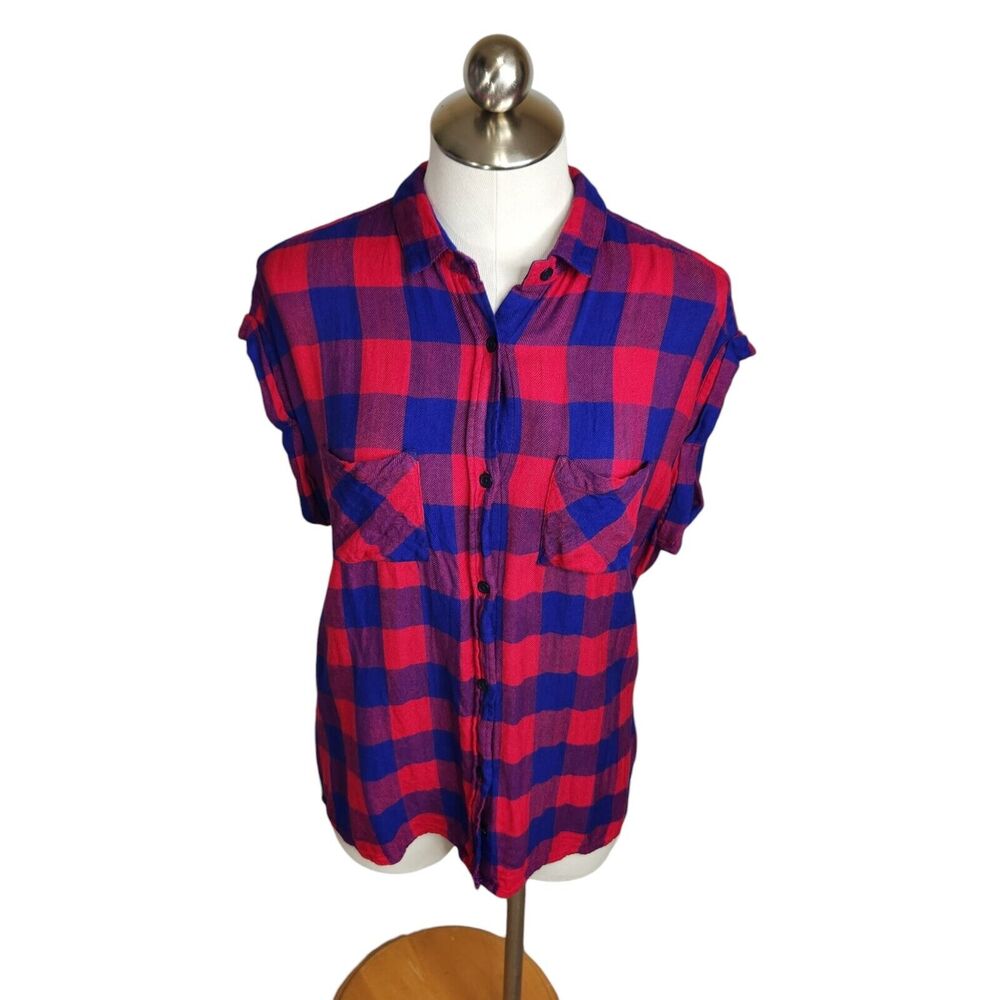 Rails Womens Sz Large Britt Plaid Rolled Short Sleeve Button Down Shirt Blue Red